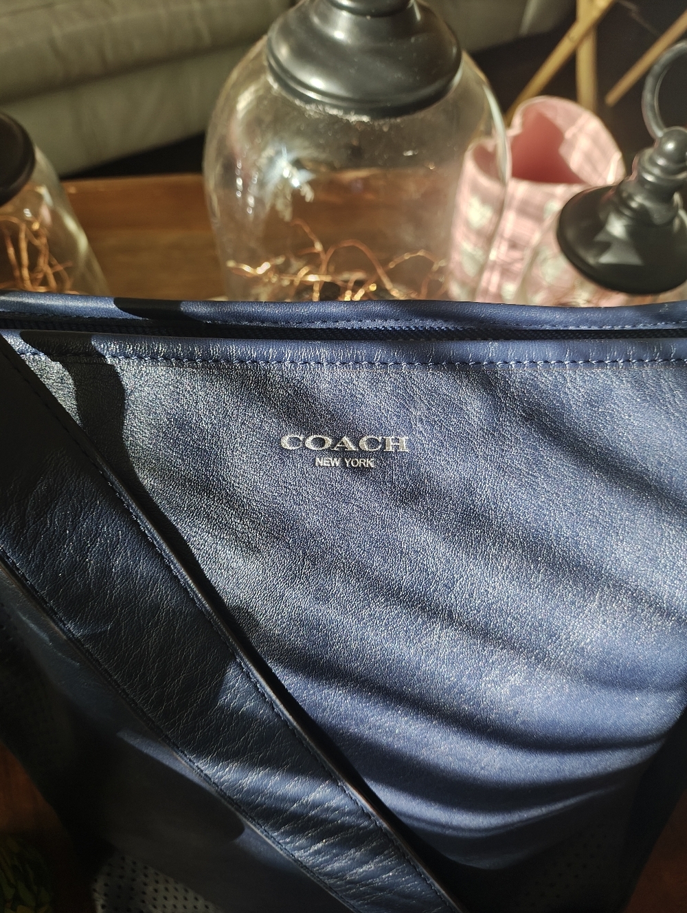 Coach Navy Perforated Leather Hobo with Tassel And Farm Rio Starbucks Tumbler - Picture 5 of 9